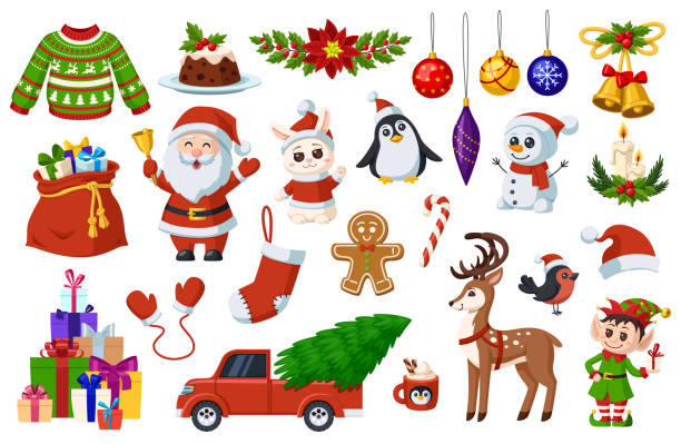 sammlung von weihnachtsfiguren und dekorelementen. - christmas holiday vacations candy cane stock-grafiken, -clipart, -cartoons und -symbole