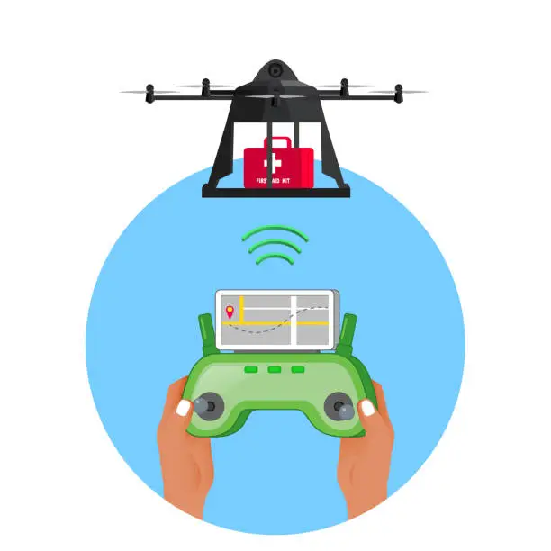 Vector illustration of Hand holding a remote control to operate a drone to transport first aid kit