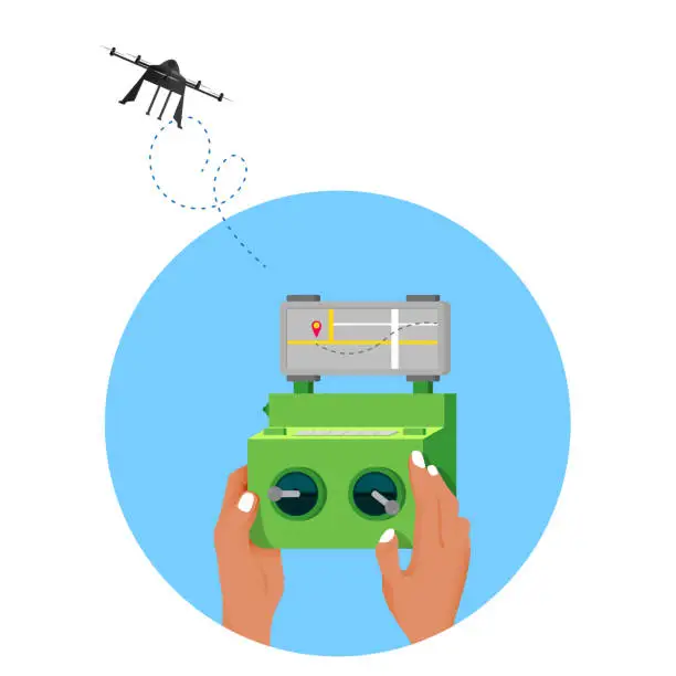Vector illustration of Hand holding a remote control to operate a drone to transport goods