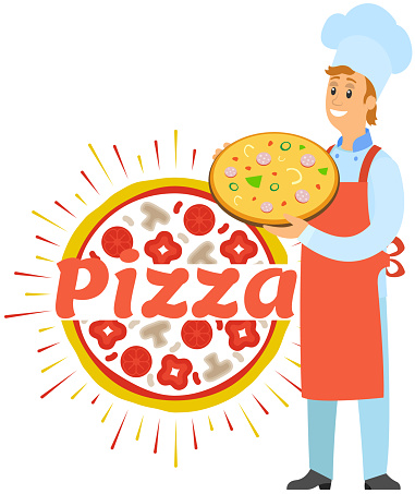 Design for restaurant, pizzeria logo. Pizzaiolo, pizza maker serving meal of italian cuisine