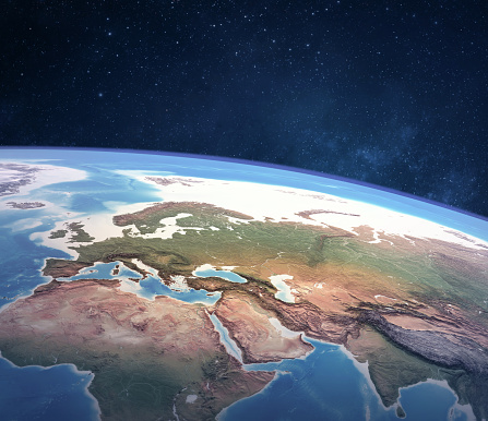 High angle satellite view of Planet Earth, focused on Europe, East Asia and North Africa - 3D illustration (Blender software), elements of this image furnished by NASA (https://eoimages.gsfc.nasa.gov/images/imagerecords/147000/147190/eo_base_2020_clean_3600x1800.png)