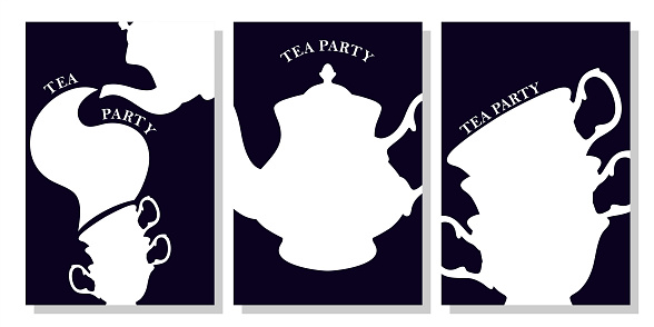 Set of  wonderland vector card. Mad tea party. White silhouettes  tea cups and teapot  on black background