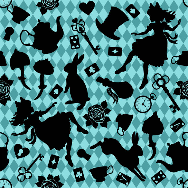 ilustrações, clipart, desenhos animados e ícones de wonderland padrão perfeito. silhuetas pretas alice, coelho, chave, xícara de chá e bule, rosas e outras em fundo azul quadrimestado. textura para tecido, papel de parede, impressão decorativa - floral pattern silhouette fabolous plant