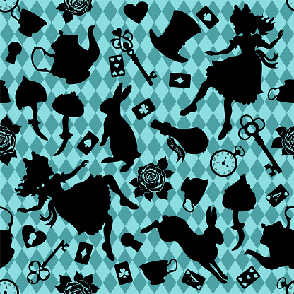 Wonderland seamless pattern. Black silhouettes Alice, rabbit, key, tea cup and teapot, roses and other  on blue checkered background. Texture for fabric, wallpaper, decorative print