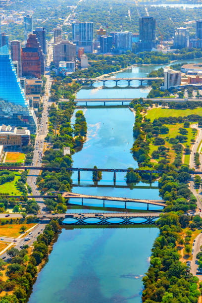 Bridges crossing the Colorado River into downtown Austin, Texas shot aerially from an altitude of about 1200 feet on a clear late summer morning.