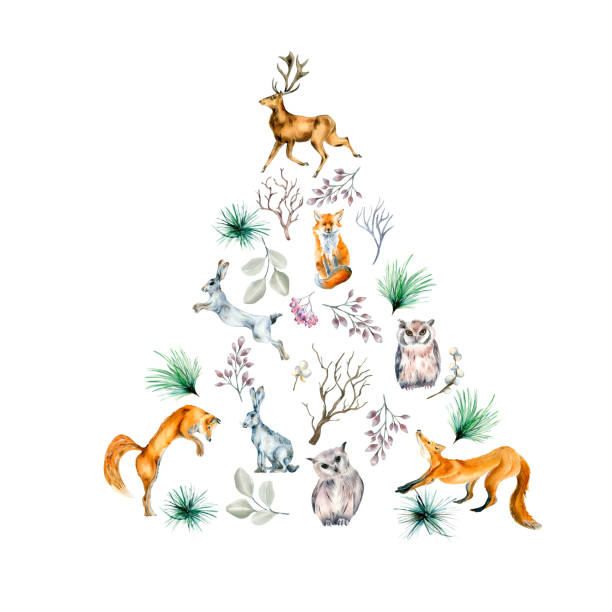 istock Christmas tree of wild animals and forest plants watercolor illustration isolated on white. 1434471630