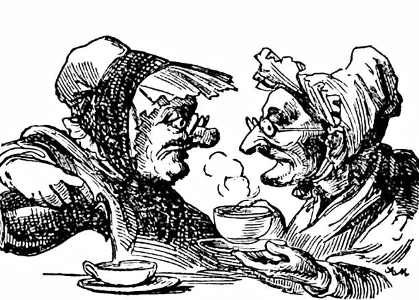 Two senior gossip women drinking coffee Illustration from 19th century. old ladies gossiping stock illustrations