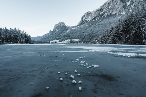 Lake Hintersee, Frozen lake, Winter scene at lake, snow covered pine trees