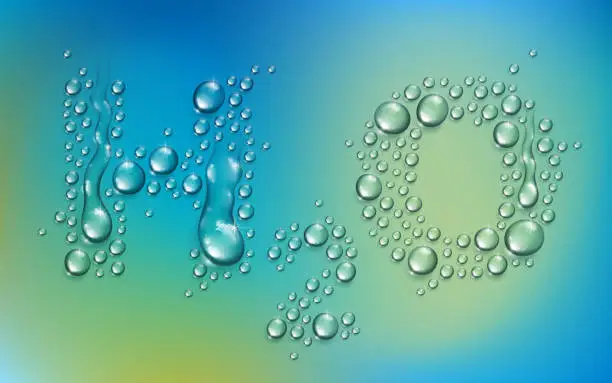 Vector illustration of H2O letters designed with realistic water drops with blurred background beyond, vector illustration of ecology theme, ecosystem, environment protection.