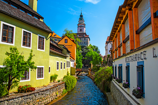 Chesky Krumlov,  Czechia - May 7, 2018: Chesky Krumlov, a beautiful Czech town in South Bohemia. It is most famous for its historic Old Town