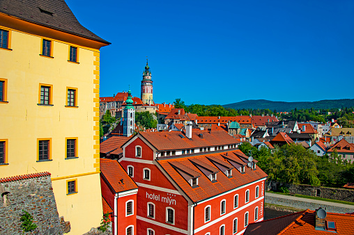 Chesky Krumlov,  Czechia - May 7, 2018: Chesky Krumlov, a beautiful Czech town in South Bohemia. It is most famous for its historic Old Town