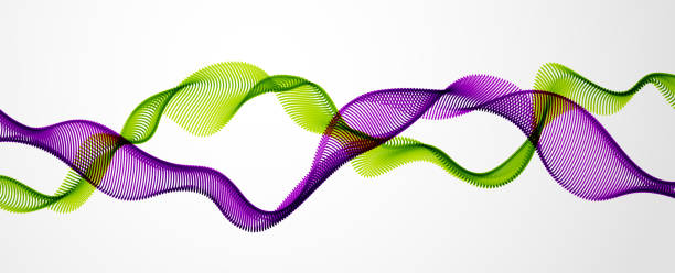 Dynamic particles mutual sound wave flowing. Double dotted curves vector abstract background. Beautiful 3d wave shaped array of blended points. Dynamic particles mutual sound wave flowing. Double dotted curves vector abstract background. Beautiful 3d wave shaped array of blended points. water divide stock illustrations