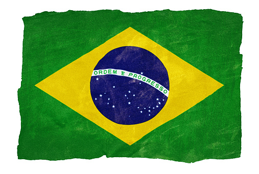 Flag of Brazil. Fabric textured Brazil flag isolated on white background. 3D illustration