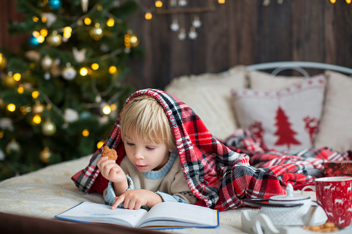 Cute toddler child, boy in a Christmas outfit, playing in a wooden cabin on Christmas, decoration around him. Child reading book and drinking tea