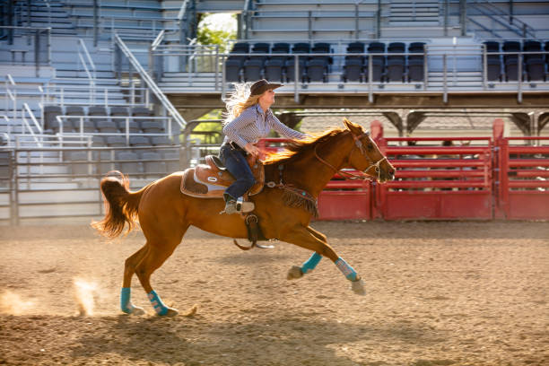 istock Cowgirl Riding Horse Inside Rodeo Stadium 1434482006