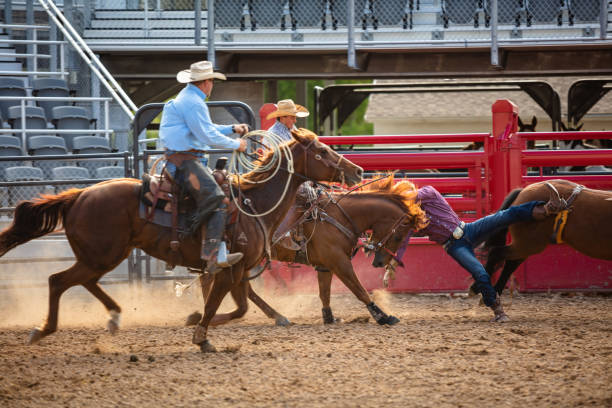 istock Two Rodeo Riders Riding With Horseback Rider Falling Off Horse 1434482528
