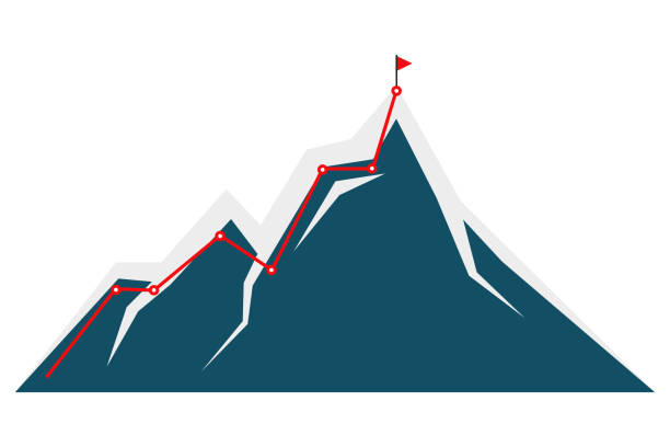 ilustraciones, imágenes clip art, dibujos animados e iconos de stock de infografía de ruta de escalada de montaña al pico en diseño plano vectorial - clambering