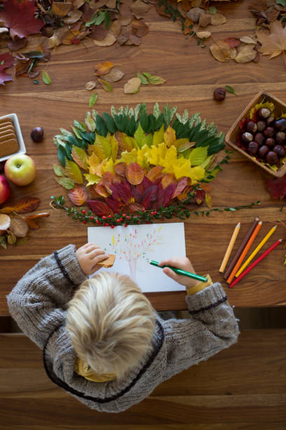 istock Sweet child, boy, applying leaves using glue while doing arts and chraft with leaves 1434484200