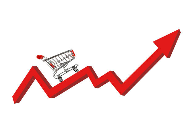 Shopping Cart with red up arrow.