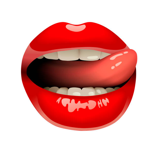 istock Female mouth painted with bright red lipstick with tongue licking lips 1434484465