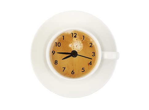 Clock symbol with frothy coffee. 'Coffee Time' Concept.