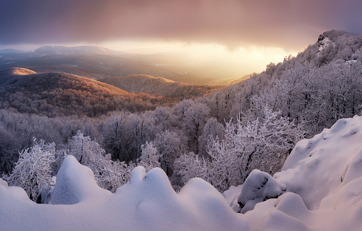 Majestic sunset panorama in winter mountains landscape, Slovakia.