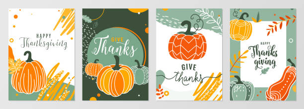 illustrations, cliparts, dessins animés et icônes de fond vectoriel de carte d’automne de thanksgiving. motifs de récolte d’automne avec citrouilles, feuilles, éléments graphiques, panneau d’invitation textuel dans un style simple de dessin animé plat style moderne - invitation elegance dinner backgrounds