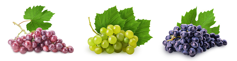 Set three bunch ripe red, blue, green grape with leaf isolated on white background. Clipping Path. Full depth of field.