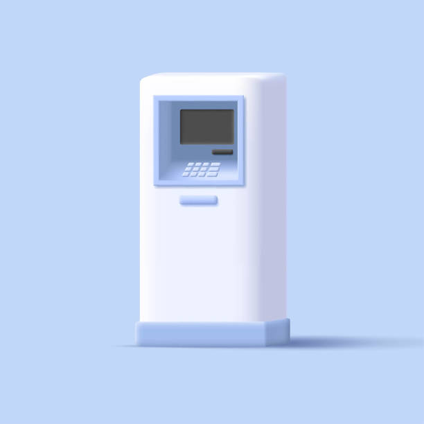 kreskówkowy bankomat 3d biały i niebieski, realistyczny ekran i przyciski - atm stock illustrations