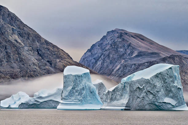 A group of icebergs is seen at dusk.  A foggy mist partially covers the icebergs.  2 large mountains can be seen in the background.  The mountains are rugged and of different colors.  This photo was taken in a Fjord in Greenland