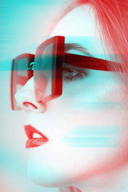 istock Retro woman studio portrait with big sunglasses in RGB color split effect style 1434493780