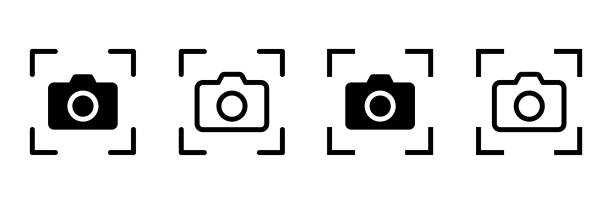 ilustraciones, imágenes clip art, dibujos animados e iconos de stock de conjunto de iconos vectoriales de escaneo de cámara. símbolo de la cámara de escaneo - mensaje de móvil