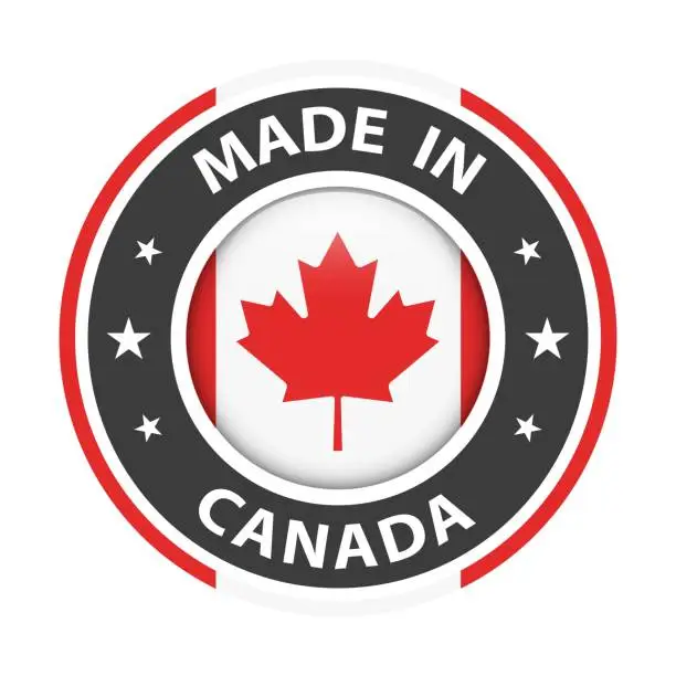 Vector illustration of Made in Canada badge vector. Sticker with stars and national flag. Sign isolated on white background.