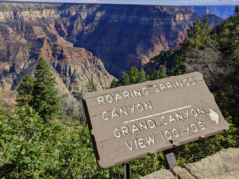 Trail sign at viewpoint on the North Rim of Grand Canyon National Park Arizona