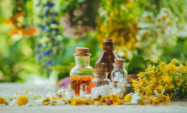 istock Tincture of medicinal herbs in bottles. Selective focus. 1434501256
