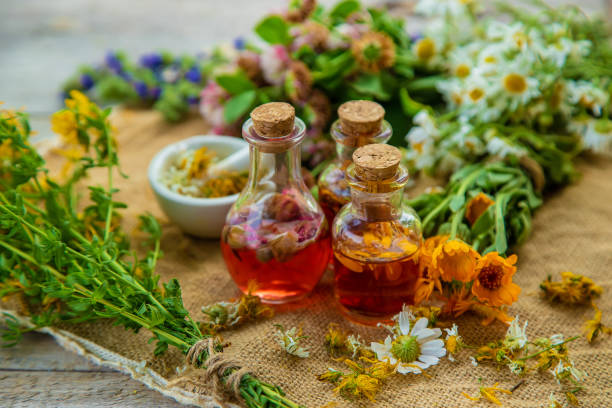 istock Tincture of medicinal herbs in bottles. Selective focus. 1434501273