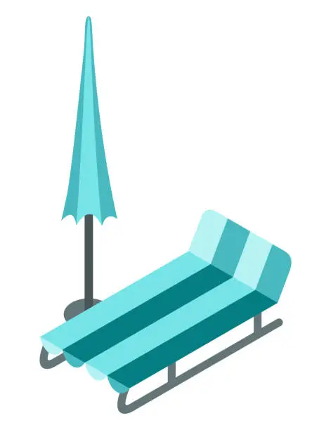 Vector illustration of Isometric outdoor water pool design element. Creative chaise lounges and parasol umbrella. Summer vacation concept vector illustration. Aqua park symbol
