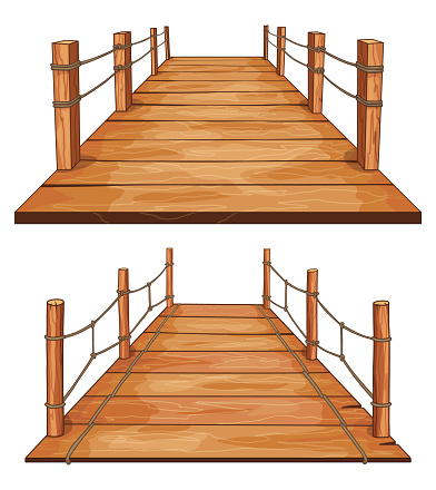 Wooden bridges set with rope handrails attached on the sides. Isometric set icon in flat design. Vector illustration.