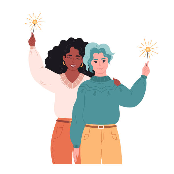 Lesbian couple with sparklers. Family celebrating New Year or Christmas. Winter time, winter fun. Hand drawn vector illustration Lesbian couple with sparklers. Family celebrating New Year or Christmas. Winter time, winter fun. Vector illustration diverse family christmas stock illustrations