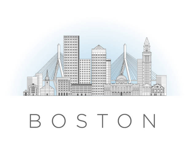 ilustraciones, imágenes clip art, dibujos animados e iconos de stock de ilustración vectorial de estilo de arte de la línea del paisaje urbano de boston - boston skyline new england urban scene