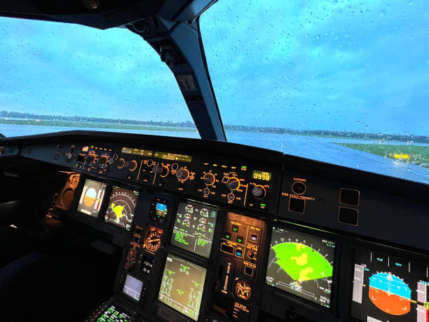 contrôleur d’avion cockpit point de vue le temps est pluvieux et la fenêtre de l’avion est mouillée photo horizontale - aircraft point of view photos et images de collection