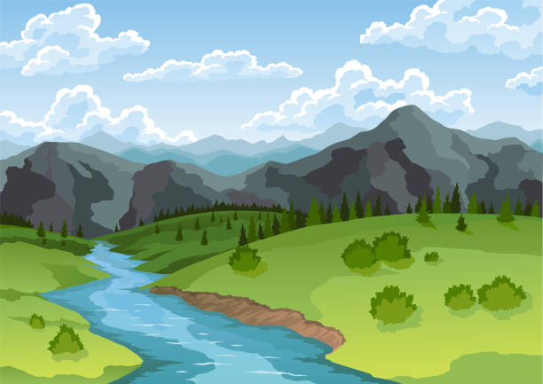 ilustrações, clipart, desenhos animados e ícones de paisagem com rio fluindo através de colinas, campos verdes cênicos, floresta e montanhas. bela cena com margem da margem do rio, água azul, colina verde, árvore de grama e nuvens no céu - riverbank