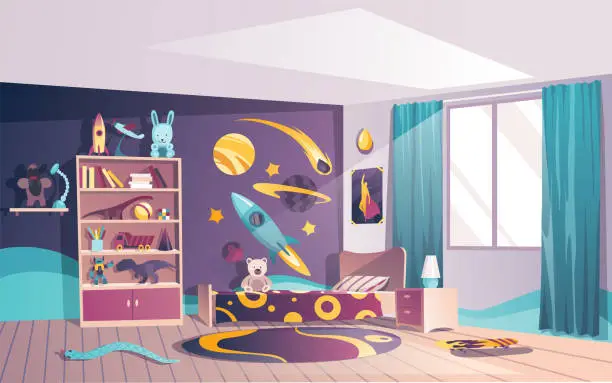 Vector illustration of Kid boy room. Bedroom with bed, bookshelf, cupboard. Interior with nightstand, books, ball, rocket and night light. Big window suffused with light. Home furniture
