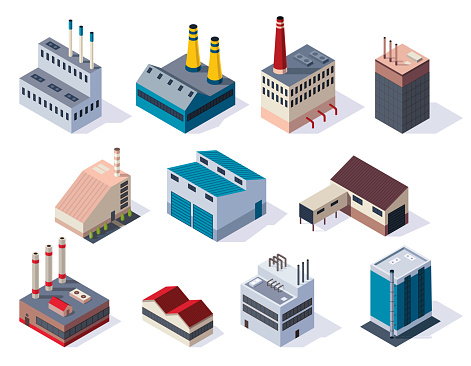 Collection of isometric factories. Concept of industrial working plants with chimney tower or pipes. Industrial buldings. 3d isolated icons set. Architecture of manufactures house.