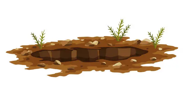 Vector illustration of Hole ground. Entrance underground, big crack or ruin. Dirty, dark entrance, detailed drawing in cartoon style. Ground hole, deep pit with grass and stones. Cartoon den of wild animal