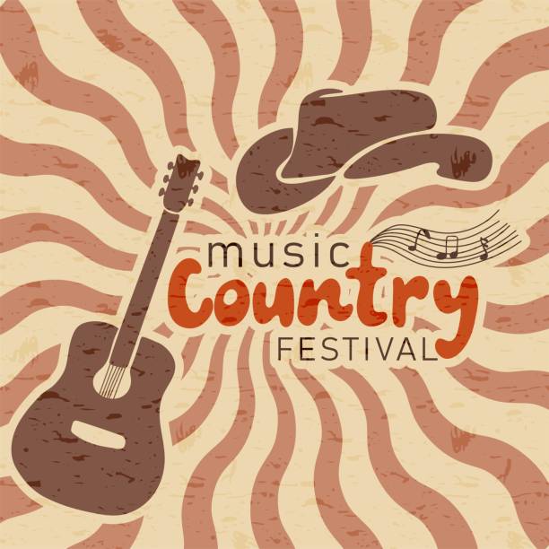 illustrations, cliparts, dessins animés et icônes de affiche du festival de musique country avec chapeau de cow-boy et guitare sur fond tourbillonnant - country and western music illustrations