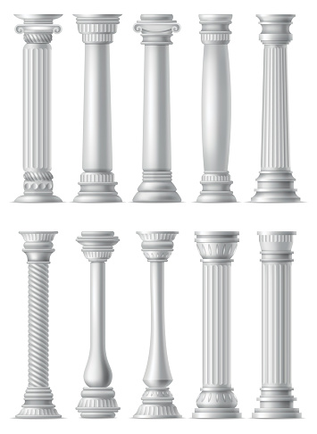 Antique columns, realistic icon set. Classic stone pillars of roman or greece architecture with twisted and groove ornament for facade design.