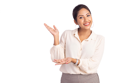 Happy young business woman greeting isolated on white.