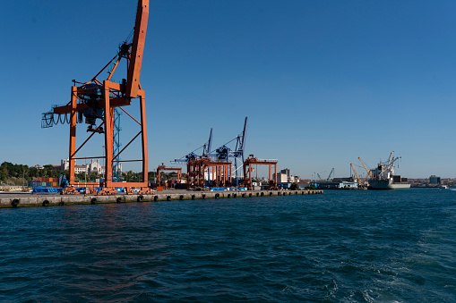 Container ship and gantry cranes