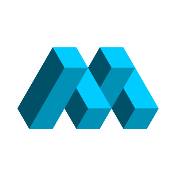 3d letter M logo template. Letter M made of rectangles. Impossible cubes shape. Blue isometric design element. Architecture, construction, building industry. Puzzle game. Vector illustration, clip art op art stock illustrations